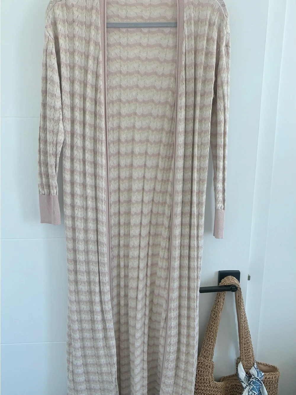 Free People Long Open-Front Maxi Knit Cardigan / Duster in Light Pink & Cream